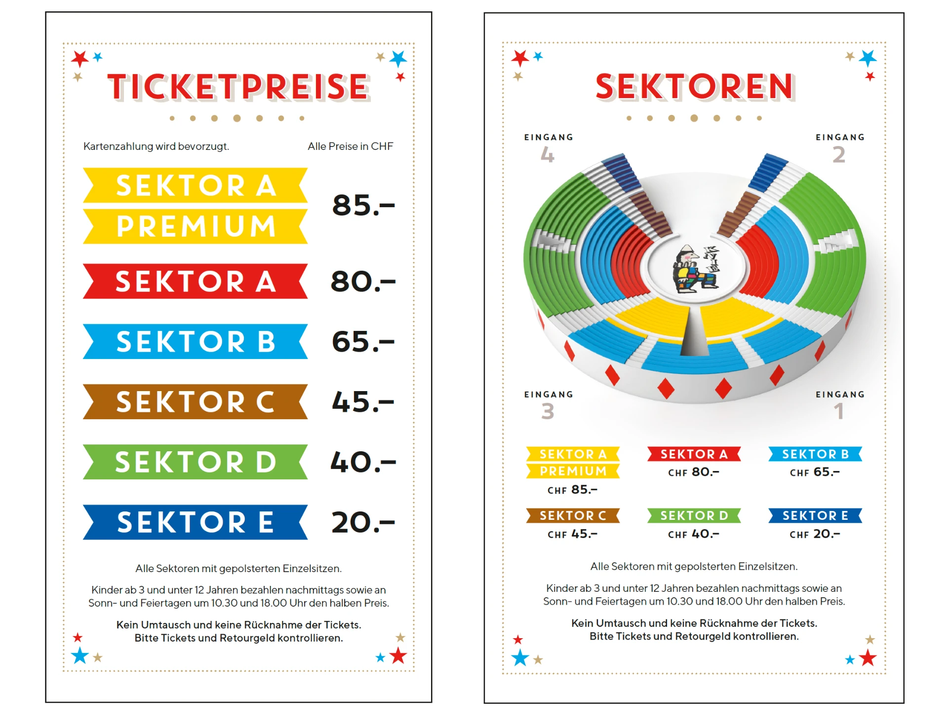 Tafeln mit Ticketpreisen und Sektorenplan