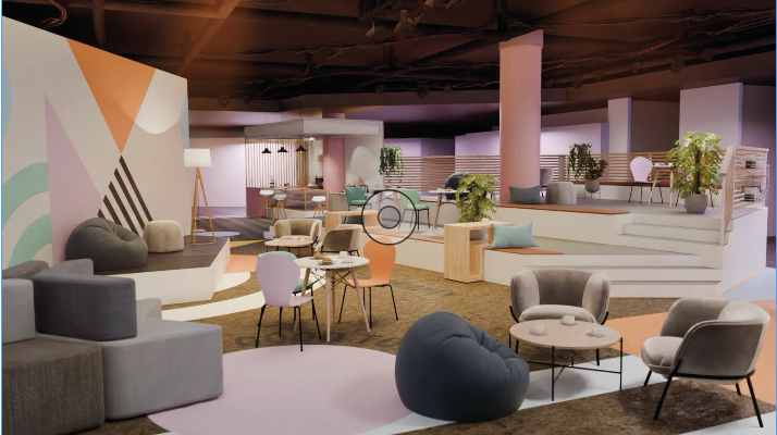 Lounge-Bereich mit Sesseln, Tischen und farbigen Wandflächen