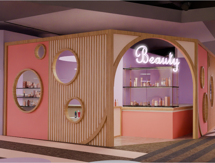 Beauty-Shop mit Holzrippen, runden Vitrinen und Neon-Schriftzug