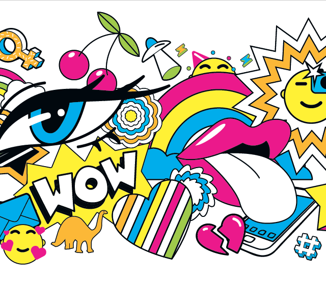 Farbige Illustration mit Auge, Regenbogen, WOW-Schriftzug und Symbolen
