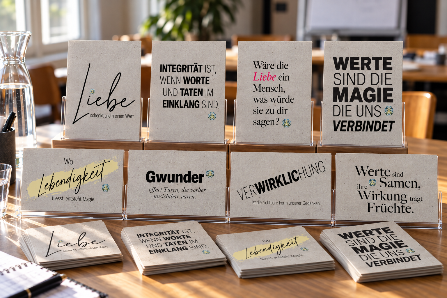 Wertekarten des Holistischen Instituts auf Holzständern