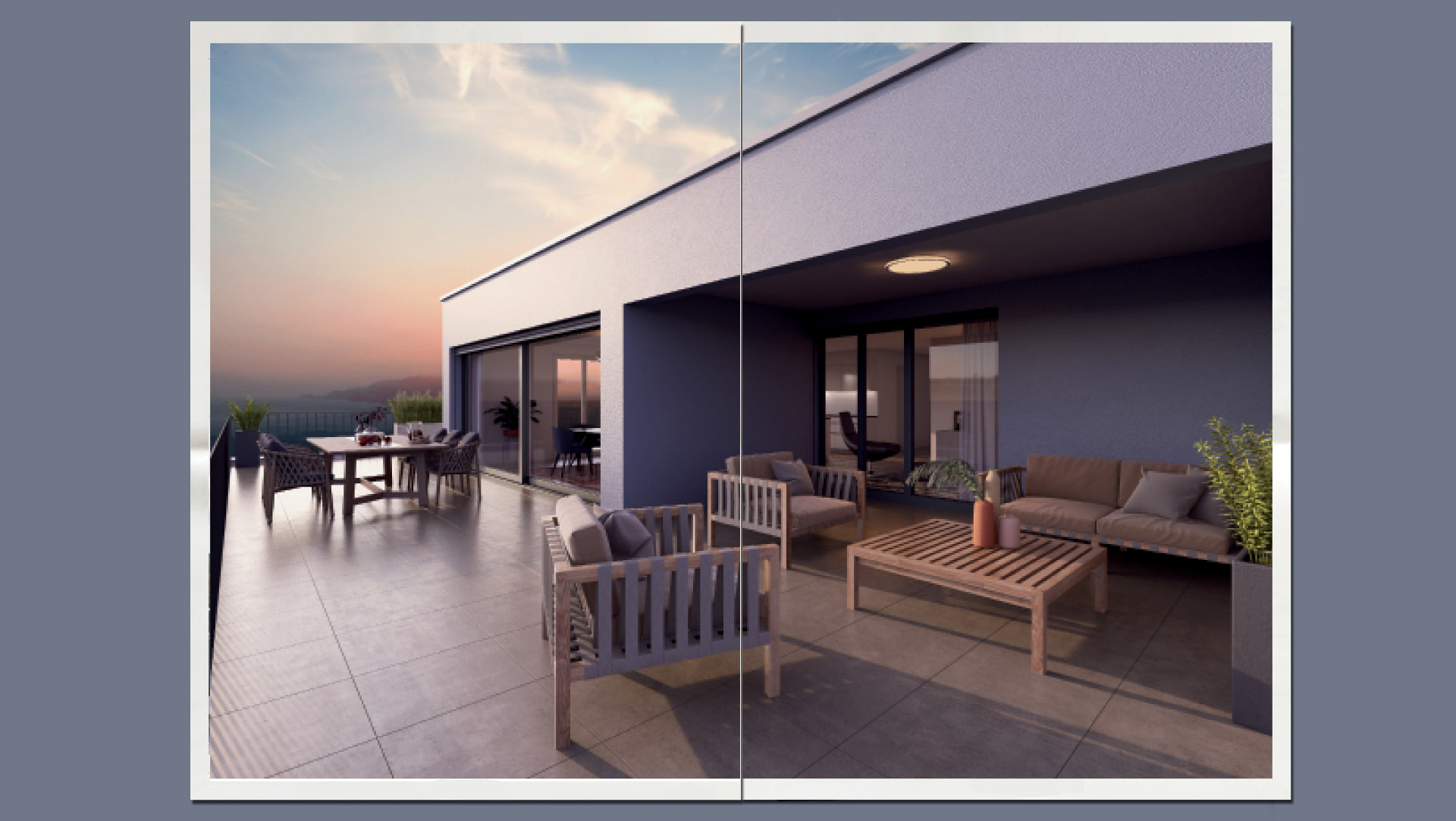 Doppelseite mit Terrassenfoto bei Sonnenuntergang